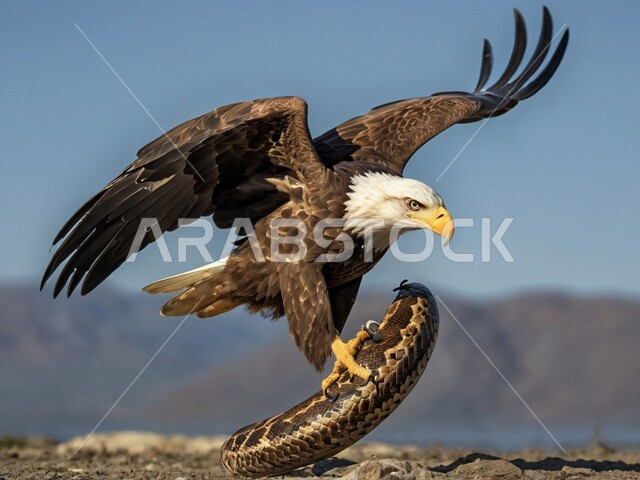 Breeding predatory animals in the wilds, an eagle bird attacks a snake in natural reserves in the Kingdom of Saudi Arabia, nature background