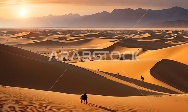 الاهتمام بتربية الابل في المملكة العربية السعودية، التضاريس والمرتفعات الجبلية والقمم الرملية، حيوان الجمل يسير وسط الصحراء على الرمال الذهبية الناعمة، تربية الابل والاعتناء به، منظر السماء الصافية مع غروب الشمس