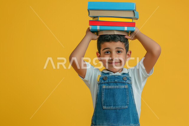 الثقافة والقراءة والإستطلاع، بورتريه مقرب لطالب عربي خليجي سعودي مبتسم ينظر الى الكاميرا يحمل بيد مجموعة من الكتب، مراجعة الدروس اليومية، التعليم الدراسي في المملكة العربية السعودية، تعابير وايماءات السرور والسعادة، خلفية صفراء