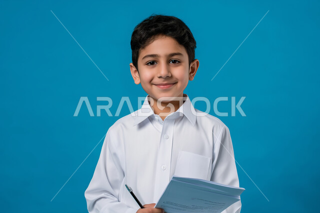 مراجعة الدروس اليومية، الثقافة والقراءة والإستطلاع، بورتريه مقرب لطالب عربي خليجي سعودي مبتسم يرتدي الثوب التقليدي ينظر الى الكاميرا يحمل بيد مجموعة من الأوراق، التعليم الدراسي في المملكة العربية السعودية، تعابير وايماءات السرور والسعادة، خلفية زرقاء