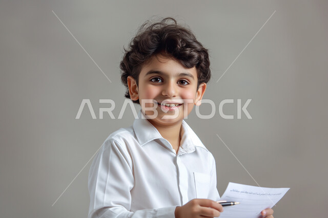 التعليم والدراسة في المملكة العربية السعودية، مراجعة الدروس اليومية، الثقافة والقراءة والإستطلاع، بورتريه مقرب لطالب عربي خليجي سعودي مبتسم يرتدي الثوب التقليدي ينظر الى الكاميرا يحمل بيد مجموعة من الأوراق، تعابير وايماءات السرور والسعادة، خلفية رمادية