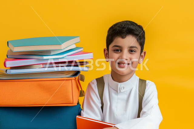 Culture, reading and exploration, close-up portrait of a smiling Saudi Arabian Gulf student looking at the camera holding a stack of books, reviewing daily lessons, school education in Saudi Arabia, expressions and gestures of pleasure and happiness, yellow background