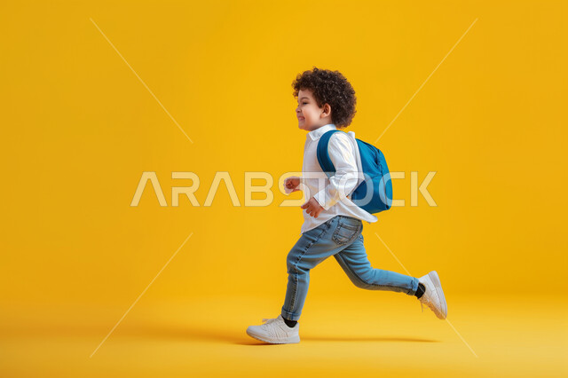 الجد والاجتهاد والنشاط الصباحي، بورتريه لولد عربي خليجي سعودي يرتدي الحقيبة المدرسية يقوم بالذهاب الى المدرسة، بدء الدوام الصباحي في مدارس المملكة العربية السعودية، صورة الجسم بالكامل، خلفية صفراء