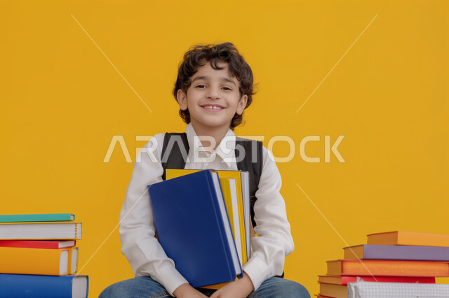 الثقافة والقراءة والإستطلاع، بورتريه مقرب لطالب عربي خليجي سعودي مبتسم ينظر الى الكاميرا يحمل بيد مجموعة من الكتب، مراجعة الدروس اليومية، التعليم الدراسي في المملكة العربية السعودية، تعابير وايماءات السرور والسعادة، خلفية صفراء