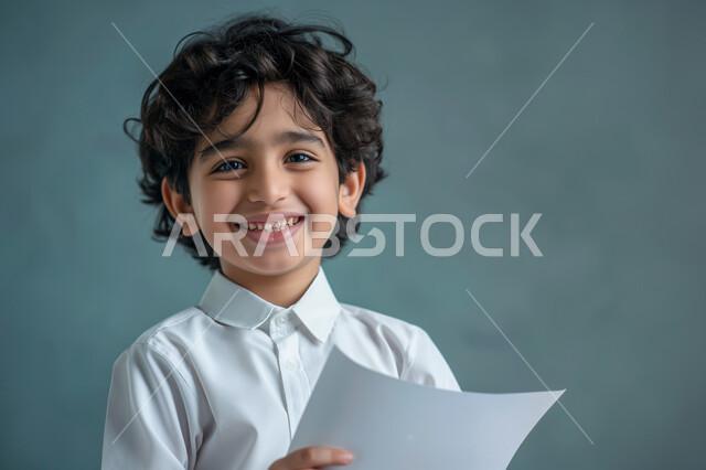  التعليم والدراسة في المملكة العربية السعودية، مراجعة الدروس اليومية، الثقافة والقراءة والإستطلاع، بورتريه مقرب لطالب عربي خليجي سعودي مبتسم يرتدي الثوب التقليدي ينظر الى الكاميرا يحمل بيد مجموعة من الأوراق، تعابير وايماءات السرور والسعادة، خلفية رمادية