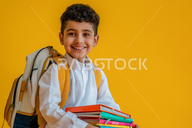 الثقافة والقراءة والإستطلاع، بورتريه مقرب لطالب عربي خليجي سعودي مبتسم ينظر الى الكاميرا يحمل بيد مجموعة من الكتب، مراجعة الدروس اليومية، التعليم الدراسي في المملكة العربية السعودية، تعابير وايماءات السرور والسعادة، خلفية صفراء