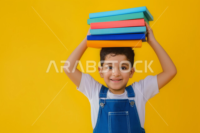 الثقافة والقراءة والإستطلاع، بورتريه مقرب لطالب عربي خليجي سعودي مبتسم ينظر الى الكاميرا يحمل بيد مجموعة من الكتب، مراجعة الدروس اليومية، التعليم الدراسي في المملكة العربية السعودية، تعابير وايماءات السرور والسعادة، خلفية صفراء