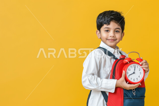 بدء الدوام الصباحي في مدارس المملكة العربية السعودية، الجد والاجتهاد والنشاط الصباحي، بورتريه لولد عربي خليجي سعودي يرتدي الحقيبة المدرسية يقوم بالذهاب الى المدرسة، صورة الجسم بالكامل، خلفية صفراء