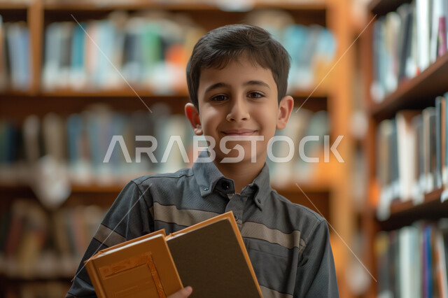 زيارة مكتبة المدرسة، التعليم والدراسة في المملكة العربية السعودية، مراجعة الدروس اليومية، الثقافة والقراءة والإستطلاع، صورة مقربة لطالب عربي خليجي سعودي مبتسم ينظر الى الكاميرا يحمل بيد مجموعة من الكتب، تعابير وايماءات السرور والسعادة 