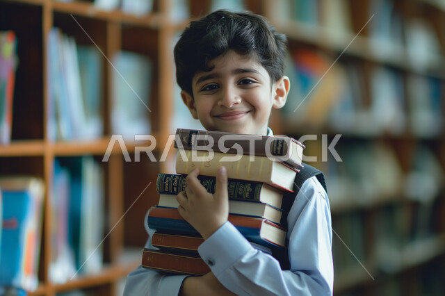 زيارة مكتبة المدرسة، التعليم والدراسة في المملكة العربية السعودية، مراجعة الدروس اليومية، الثقافة والقراءة والإستطلاع، صورة مقربة لطالب عربي خليجي سعودي مبتسم ينظر الى الكاميرا يحمل بيد مجموعة من الكتب، تعابير وايماءات السرور والسعادة 