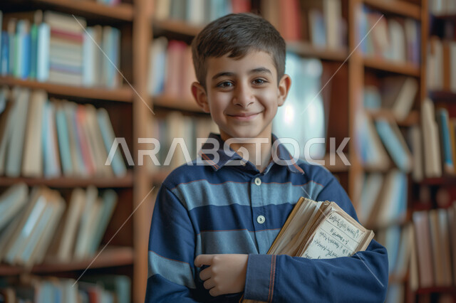 زيارة مكتبة المدرسة، التعليم والدراسة في المملكة العربية السعودية، مراجعة الدروس اليومية، الثقافة والقراءة والإستطلاع، صورة مقربة لطالب عربي خليجي سعودي مبتسم ينظر الى الكاميرا يحمل بيد مجموعة من الكتب، تعابير وايماءات السرور والسعادة 