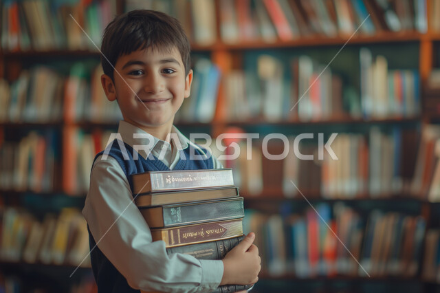 زيارة مكتبة المدرسة، التعليم والدراسة في المملكة العربية السعودية، مراجعة الدروس اليومية، الثقافة والقراءة والإستطلاع، صورة مقربة لطالب عربي خليجي سعودي مبتسم ينظر الى الكاميرا يحمل بيد مجموعة من الكتب، تعابير وايماءات السرور والسعادة 
