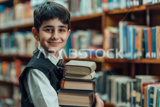 زيارة مكتبة المدرسة، التعليم والدراسة في المملكة العربية السعودية، مراجعة الدروس اليومية، الثقافة والقراءة والإستطلاع، صورة مقربة لطالب عربي خليجي سعودي مبتسم ينظر الى الكاميرا يحمل بيد مجموعة من الكتب، تعابير وايماءات السرور والسعادة 