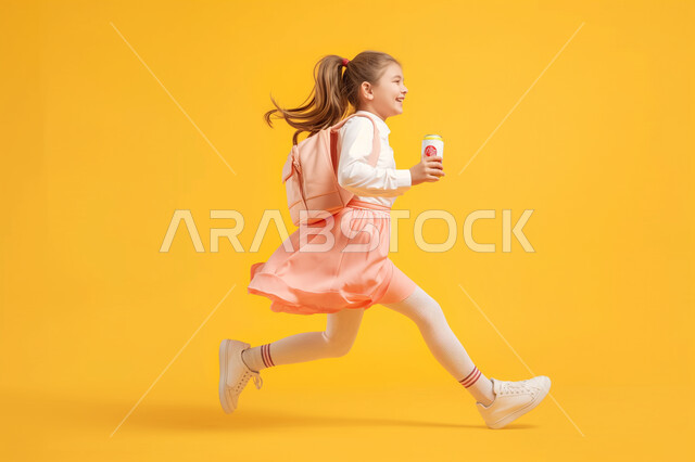 النشاط الصباحي والجد والاجتهاد، بورتريه لفتاةعربية خليجية سعودية ترتدي الحقيبة المدرسية تقوم بالذهاب الى المدرسة، بدء الدوام الصباحي في مدارس المملكة العربية السعودية، صورة الجسم بالكامل، خلفية صفراء