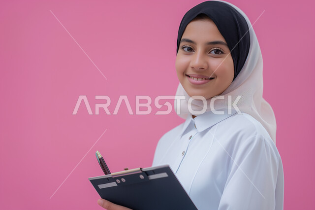  مراجعة الدروس اليومية، التعليم والدراسة في المملكة العربية السعودية، الثقافة والقراءة والإستطلاع، بورتريه مقرب لطالبة عربية خليجية سعودية مبتسمة ترتدي الحجاب تنظر الى الكاميرا تحمل بيدها مجموعة من الأوراق، تعابير وايماءات السرور والسعادة، خلفية وردية