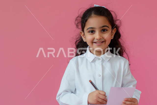  مراجعة الدروس اليومية، التعليم والدراسة في المملكة العربية السعودية، الثقافة والقراءة والإستطلاع، بورتريه مقرب لطالبة عربية خليجية سعودية مبتسمة تتنظر الى الكاميرا تحمل بيدها مجموعة من الأوراق، تعابير وايماءات السرور والسعادة، خلفية وردية
