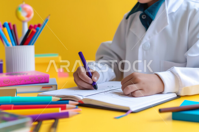 Back to school, education in Saudi Arabia schools, close-up portrait of smiling Saudi Arabian Gulf girl sitting at study table reviewing lessons and doing homework, school supplies and books, diligent student looking at camera with happy expression, yellow background
