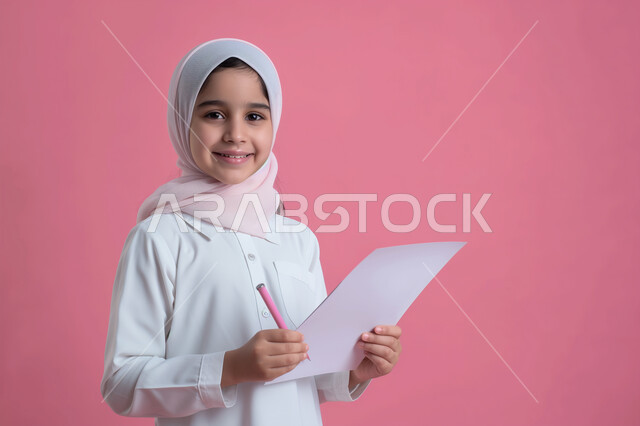  مراجعة الدروس اليومية، التعليم والدراسة في المملكة العربية السعودية، الثقافة والقراءة والإستطلاع، بورتريه مقرب لطالبة عربية خليجية سعودية مبتسمة ترتدي الحجاب تنظر الى الكاميرا تحمل بيدها مجموعة من الأوراق، تعابير وايماءات السرور والسعادة، خلفية وردية