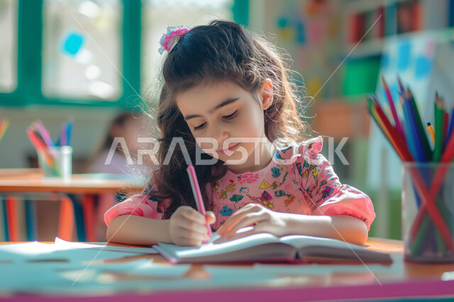 طالبة مجتهدة تتابع دروسها داخل الفصل الدراسي، العودة الى المدرسة، التعليم في مدارس المملكة العربية السعودية، صورة مقربة لفتاة عربية خليجية سعودية مبتسمة تجلس على طاولة الدراسة تقوم بمراجعة الدروس وحل الواجبات، المستلزمات والكتب المدرسية