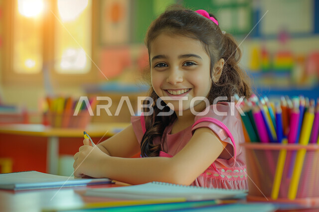 طالبة مجتهدة تتابع دروسها داخل الفصل الدراسي، العودة الى المدرسة، التعليم في مدارس المملكة العربية السعودية، صورة مقربة لفتاة عربية خليجية سعودية مبتسمة تجلس على طاولة الدراسة تقوم بمراجعة الدروس وحل الواجبات، المستلزمات والكتب المدرسية