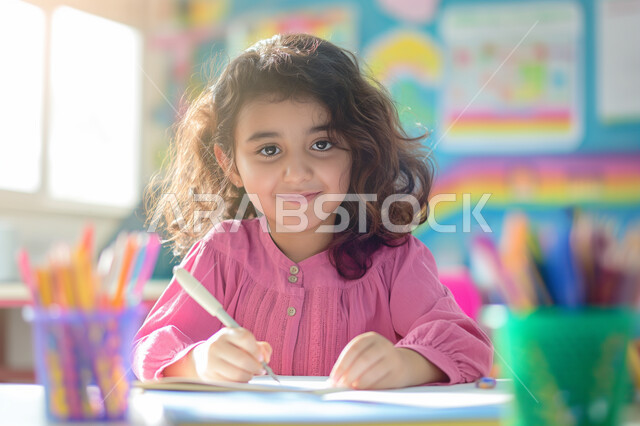 طالبة مجتهدة تتابع دروسها داخل الفصل الدراسي، العودة الى المدرسة، التعليم في مدارس المملكة العربية السعودية، صورة مقربة لفتاة عربية خليجية سعودية مبتسمة تجلس على طاولة الدراسة تقوم بمراجعة الدروس وحل الواجبات، المستلزمات والكتب المدرسية