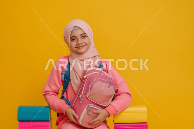 حب القراءة والثقافة والإستطلاع، بورتريه مقرب لطالبة عربية خليجية سعودية مبتسمة تنظر الى الكاميرا تحمل بيدها مجموعة من الكتب، مراجعة الدروس اليومية، التعليم الدراسي في المملكة العربية السعودية، تعابير وايماءات السرور والسعادة، خلفية صفراء