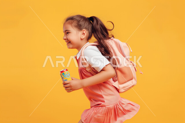 النشاط الصباحي والجد والاجتهاد، بورتريه لفتاةعربية خليجية سعودية ترتدي الحقيبة المدرسية تقوم بالذهاب الى المدرسة، بدء الدوام الصباحي في مدارس المملكة العربية السعودية، صورة الجسم بالكامل، خلفية صفراء
