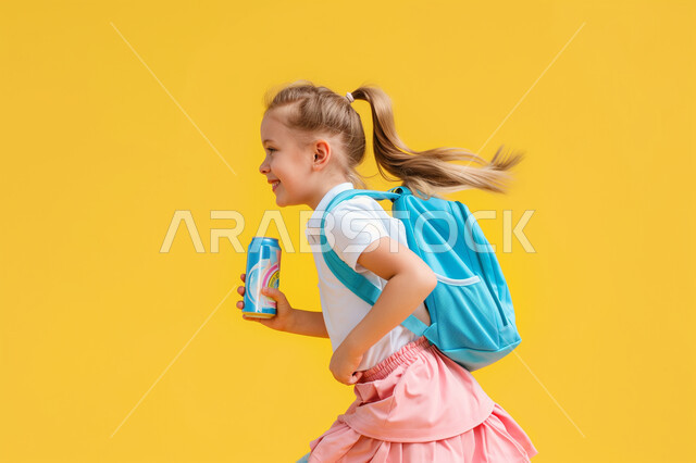 النشاط الصباحي والجد والاجتهاد، بورتريه لفتاةعربية خليجية سعودية ترتدي الحقيبة المدرسية تقوم بالذهاب الى المدرسة، بدء الدوام الصباحي في مدارس المملكة العربية السعودية، صورة الجسم بالكامل، خلفية صفراء