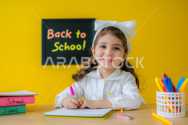 العودة الى المدرسة، التعليم في مدارس المملكة العربية السعودية، بورتريه مقرب لفتاة عربية خليجية سعودية مبتسمة تجلس على طاولة الدراسة لمراجعة الدروس وحل الواجبات، المستلزمات والكتب المدرسية، طالبة مجتهدة تنظر الى الكاميرا بتعابير السرور، خلفية صفراء