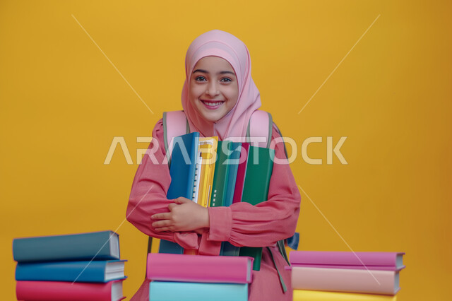 حب القراءة والثقافة والإستطلاع، بورتريه مقرب لطالبة عربية خليجية سعودية مبتسمة تنظر الى الكاميرا تحمل بيدها مجموعة من الكتب، مراجعة الدروس اليومية، التعليم الدراسي في المملكة العربية السعودية، تعابير وايماءات السرور والسعادة، خلفية صفراء