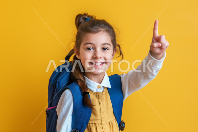المشاركة والتفاعل داخل الفصل الدراسي، بورتريه مقرب لطالبة عربية خليجية سعودية ترتدي حقيبة الظهر ترفع يدها للأعلى للإجابة، التربية والتعليم بالمناهج المقررة للطلاب في المملكة العربية السعودية، خلفية صفراء