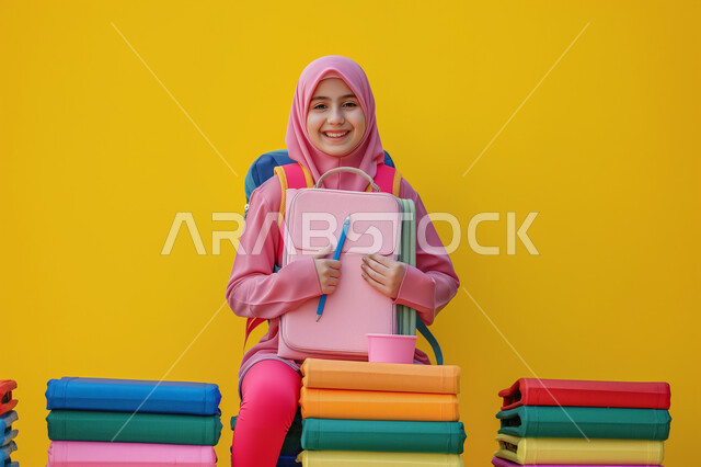 النظر الى الكاميرا بتعابير وايماءات السرور والسعادة، حب القراءة والثقافة والإستطلاع، بورتريه مقرب لطالبة عربية خليجية سعودية مبتسمة تحمل بيدها مجموعة من الكتب، مراجعة الدروس اليومية، التعليم والمدارس في المملكة العربية السعودية، خلفية صفراء