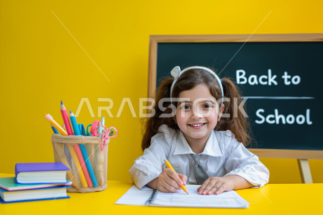 Back to school, education in Saudi Arabia schools, close-up portrait of smiling Saudi Arabian Gulf girl sitting at study table reviewing lessons and doing homework, school supplies and books, diligent student looking at camera with happy expression, yellow background