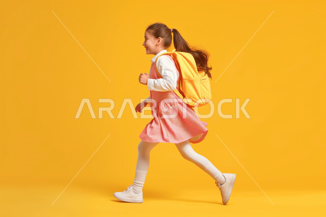 Morning activity, seriousness and diligence, portrait of a Saudi Arabian Gulf girl wearing a school bag going to school, starting the morning shift in schools in the Kingdom of Saudi Arabia, full body image, yellow background