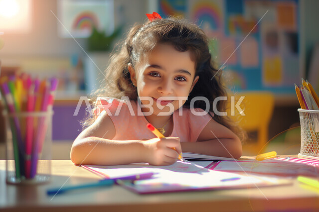 طالبة مجتهدة تتابع دروسها داخل الفصل الدراسي، العودة الى المدرسة، التعليم في مدارس المملكة العربية السعودية، صورة مقربة لفتاة عربية خليجية سعودية مبتسمة تجلس على طاولة الدراسة تقوم بمراجعة الدروس وحل الواجبات، المستلزمات والكتب المدرسية