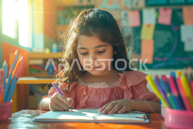 طالبة مجتهدة تتابع دروسها داخل الفصل الدراسي، العودة الى المدرسة، التعليم في مدارس المملكة العربية السعودية، صورة مقربة لفتاة عربية خليجية سعودية مبتسمة تجلس على طاولة الدراسة تقوم بمراجعة الدروس وحل الواجبات، المستلزمات والكتب المدرسية