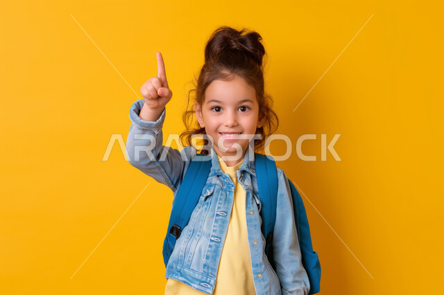 المشاركة والتفاعل داخل الفصل الدراسي، بورتريه مقرب لطالبة عربية خليجية سعودية ترتدي حقيبة الظهر ترفع يدها للأعلى للإجابة، التربية والتعليم بالمناهج المقررة للطلاب في المملكة العربية السعودية، خلفية صفراء