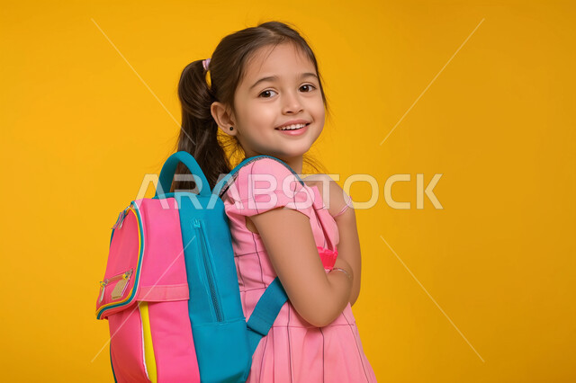 النشاط الصباحي والجد والاجتهاد، بورتريه لفتاةعربية خليجية سعودية ترتدي الحقيبة المدرسية تقوم بالذهاب الى المدرسة، بدء الدوام الصباحي في مدارس المملكة العربية السعودية، صورة الجسم بالكامل، خلفية صفراء