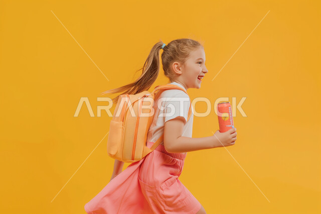 النشاط الصباحي والجد والاجتهاد، بورتريه لفتاةعربية خليجية سعودية ترتدي الحقيبة المدرسية تقوم بالذهاب الى المدرسة، بدء الدوام الصباحي في مدارس المملكة العربية السعودية، صورة الجسم بالكامل، خلفية صفراء