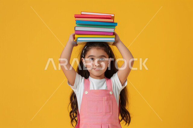 النظر الى الكاميرا بتعابير وايماءات السرور والسعادة، حب القراءة والثقافة والإستطلاع، بورتريه مقرب لطالبة عربية خليجية سعودية مبتسمة تحمل بيدها مجموعة من الكتب، مراجعة الدروس اليومية، التعليم والمدارس في المملكة العربية السعودية، خلفية صفراء