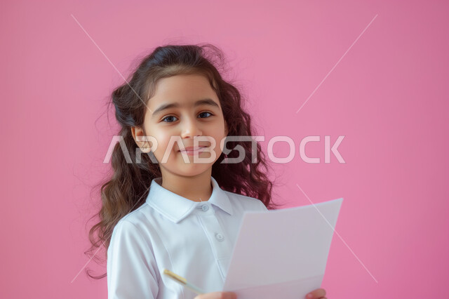 التعليم والدراسة في المملكة العربية السعودية، مراجعة الدروس اليومية، الثقافة والقراءة والإستطلاع، بورتريه مقرب لطالبة عربية خليجية سعودية مبتسمة تنظر الى الكاميرا تحمل بيدها مجموعة من الأوراق، تعابير وايماءات السرور والسعادة، خلفية وردية