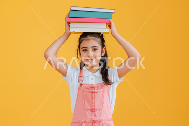 النظر الى الكاميرا بتعابير وايماءات السرور والسعادة، حب القراءة والثقافة والإستطلاع، بورتريه مقرب لطالبة عربية خليجية سعودية مبتسمة تحمل بيدها مجموعة من الكتب، مراجعة الدروس اليومية، التعليم والمدارس في المملكة العربية السعودية، خلفية صفراء