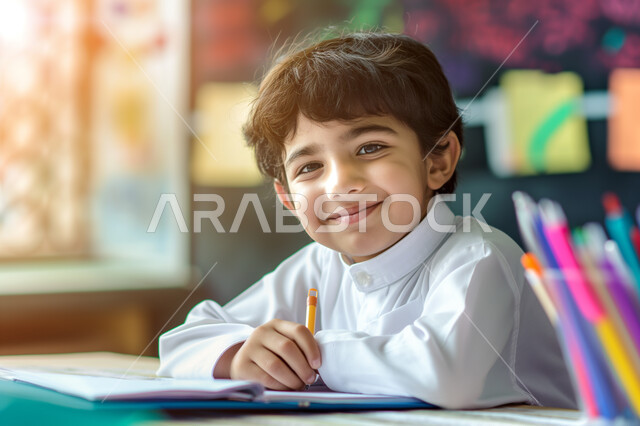 تلقي المعلومات داخل الفصل الدراسي، صورة مقربة لطالب عربي خليجي سعودي يرتدي الثوب التقليدي يجلس على المقعد الدراسي، تنمية المهارات الثقافية والفكرية، التربية والتعليم بالمناهج المقررة للطلاب في المملكة العربية السعودية