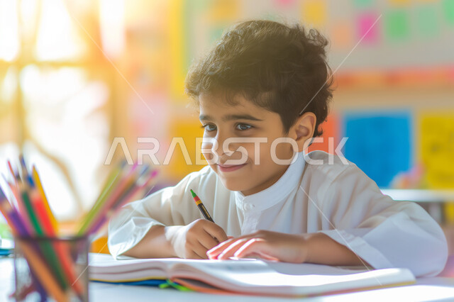تلقي المعلومات داخل الفصل الدراسي، صورة مقربة لطالب عربي خليجي سعودي يرتدي الثوب التقليدي يجلس على المقعد الدراسي، تنمية المهارات الثقافية والفكرية، التربية والتعليم بالمناهج المقررة للطلاب في المملكة العربية السعودية