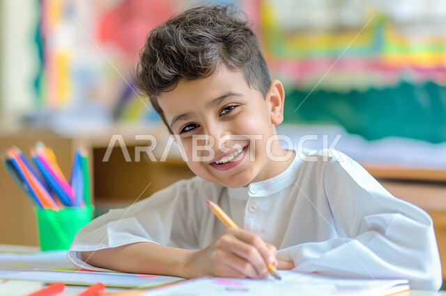 تلقي المعلومات داخل الفصل الدراسي، صورة مقربة لطالب عربي خليجي سعودي يرتدي الثوب التقليدي يجلس على المقعد الدراسي، تنمية المهارات الثقافية والفكرية، التربية والتعليم بالمناهج المقررة للطلاب في المملكة العربية السعودية