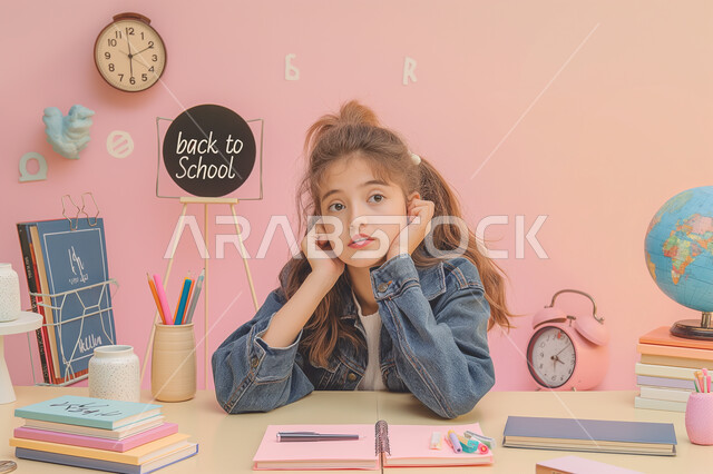 التفكير وشرود الذهن، النظر إلى مكان ما بإيماءات العبوس والملل، الشعور والاحساس بالضجر والارهاق من حل الواجبات اليومية، فتاة عربية خليجية سعودية تجلس على طاولة الدراسة بتعابير إنتظار شيء ما