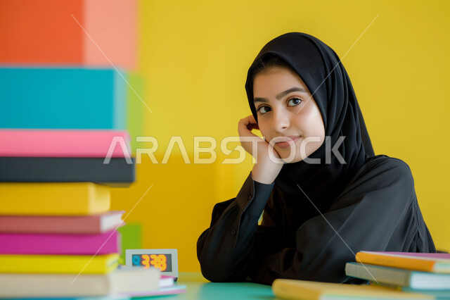 التفكير وشرود الذهن، النظر إلى مكان ما بإيماءات العبوس والملل، الشعور والاحساس بالضجر والارهاق من حل الواجبات اليومية، فتاة عربية خليجية سعودية تجلس على طاولة الدراسة بتعابير إنتظار شيء ما