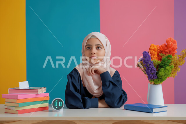 التفكير وشرود الذهن، النظر إلى مكان ما بإيماءات العبوس والملل، الشعور والاحساس بالضجر والارهاق من حل الواجبات اليومية، فتاة عربية خليجية سعودية تجلس على طاولة الدراسة بتعابير إنتظار شيء ما