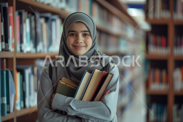 زيارة مكتبة المدرسة، التعليم والدراسة في المملكة العربية السعودية، مراجعة الدروس اليومية، الثقافة والقراءة والإستطلاع، صورة مقربة لطالبة عربية خليجية سعودية مبتسمة محجبة تنظر الى الكاميرا تحمل بيدها مجموعة من الكتب، تعابير وايماءات السرور والسعادة