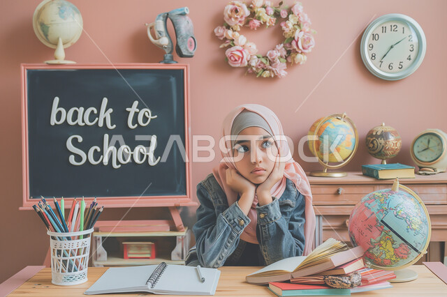 التفكير وشرود الذهن، النظر إلى مكان ما بإيماءات العبوس والملل، الشعور والاحساس بالضجر والارهاق من حل الواجبات اليومية، فتاة عربية خليجية سعودية تجلس على طاولة الدراسة بتعابير إنتظار شيء ما